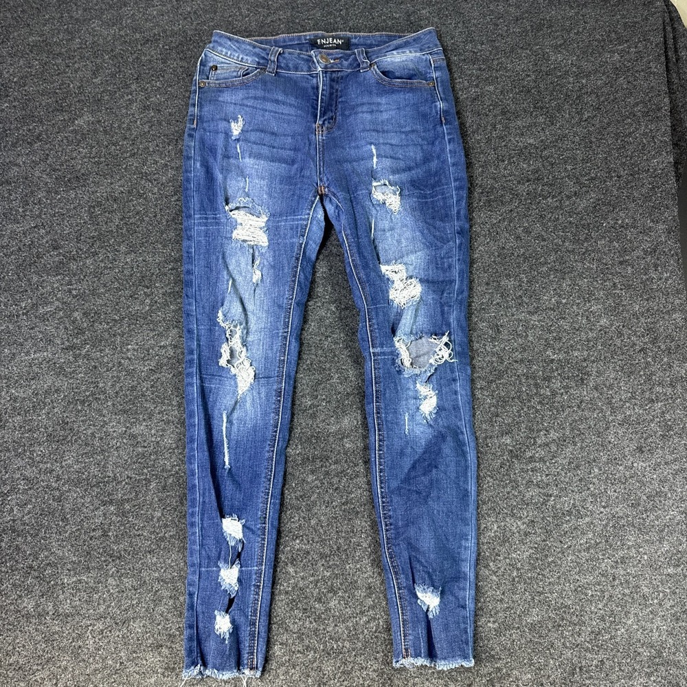 Enjean Skinny Jeans Womens 7 Dark Blue Denim Stretch Mid Rise Heavily Distressed